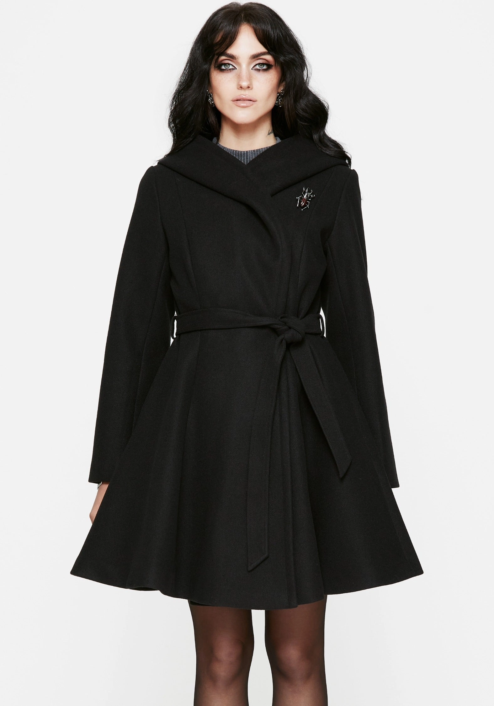 Adjustable Hem Camilla Tie Waist Hooded Coat With Bug Brooch