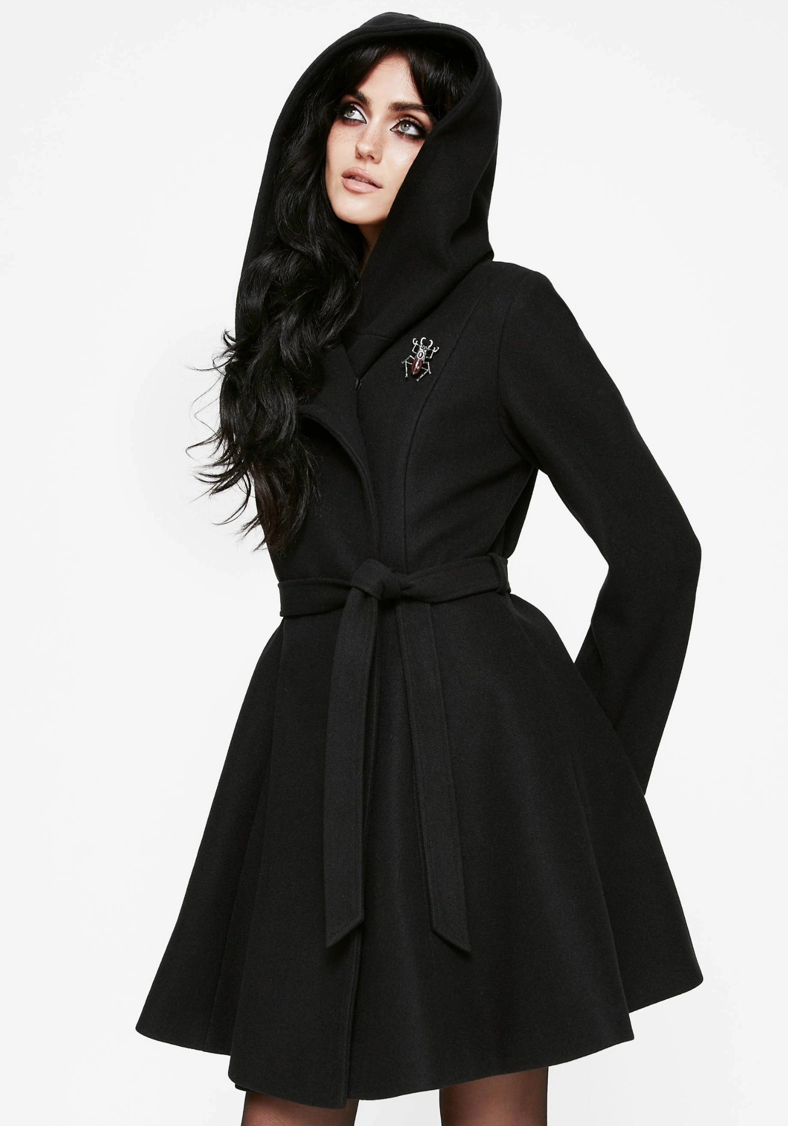 Camilla Tie Waist Hooded Coat With Bug Brooch Versatile Layering Weight
