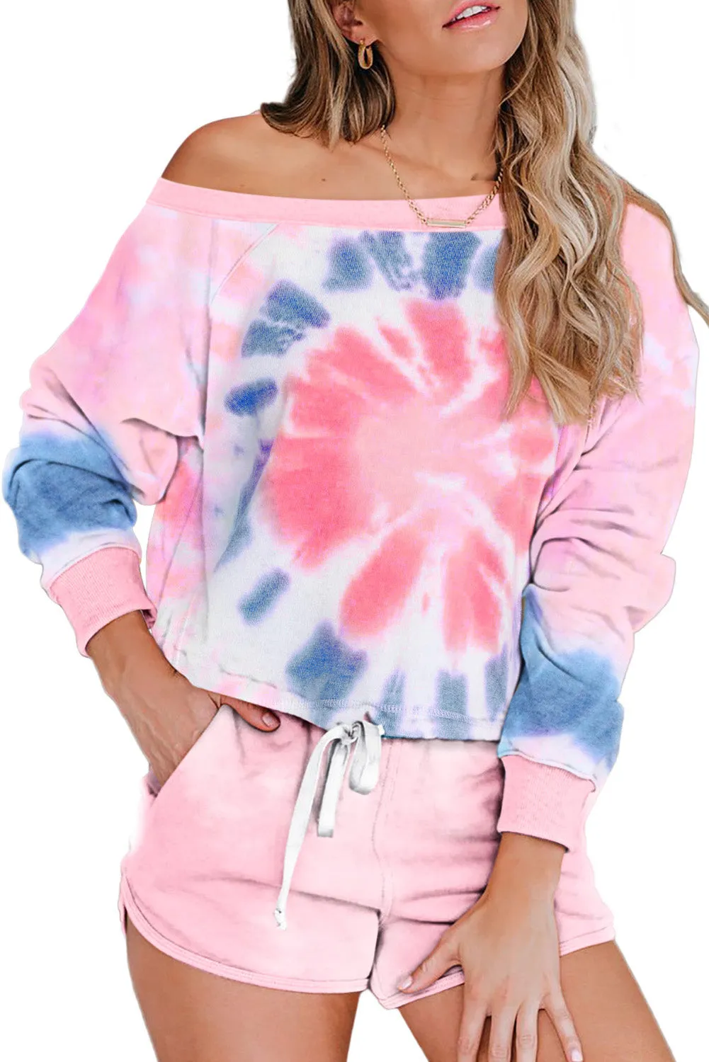 Multicolor Tie Dye Printed Long Sleeve Tops and Shorts Pajamas Set