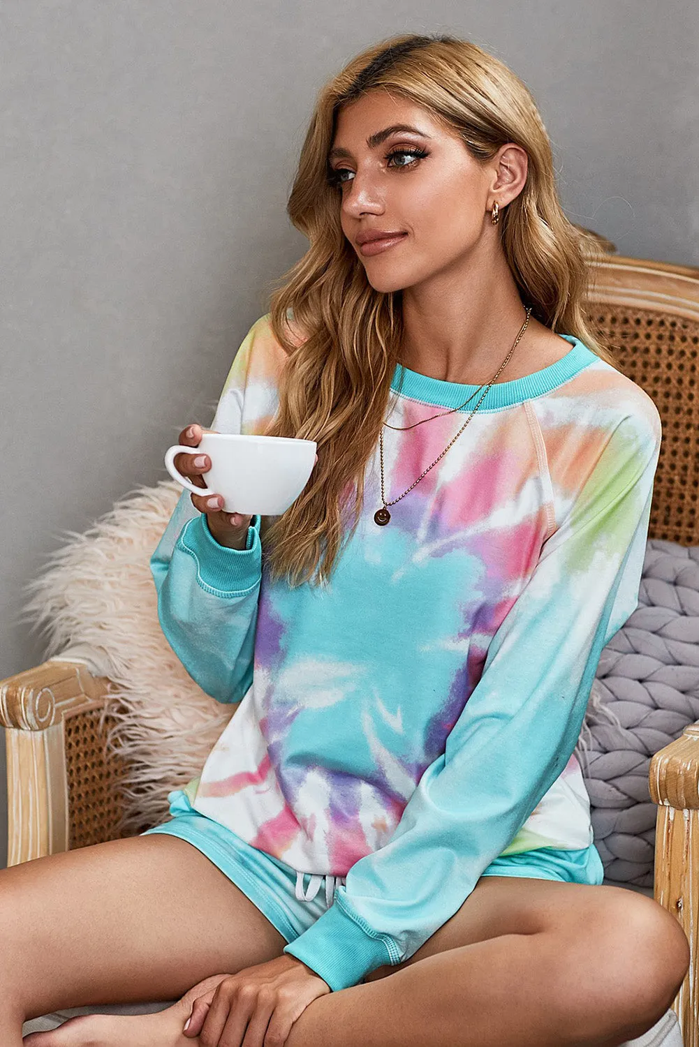 Multicolor Tie Dye Printed Long Sleeve Tops and Shorts Pajamas Set