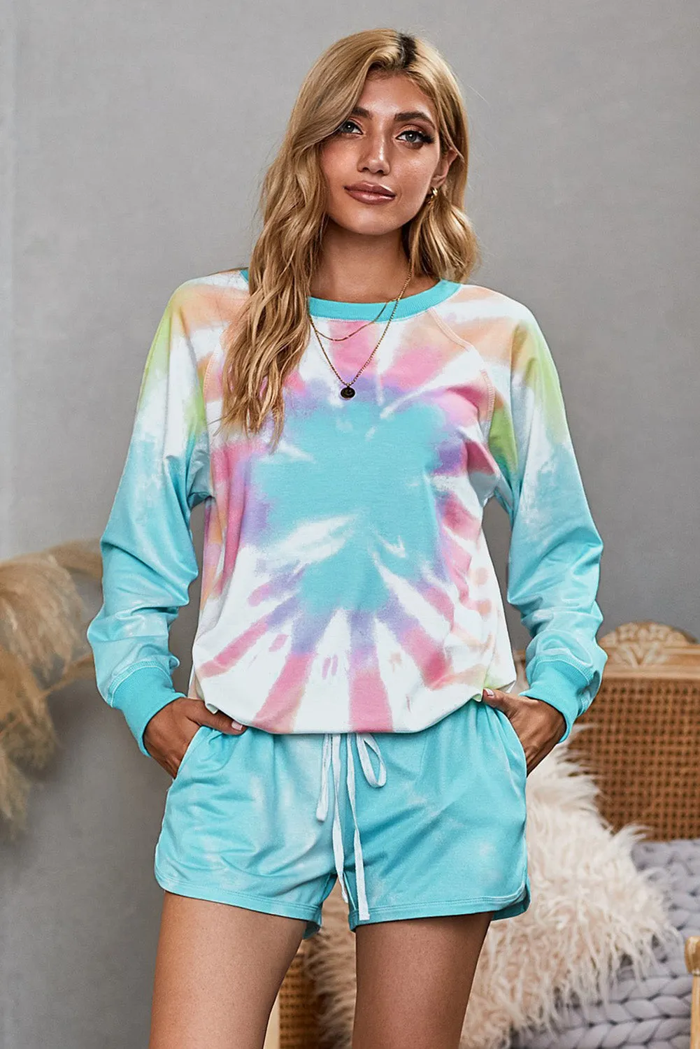 Multicolor Tie Dye Printed Long Sleeve Tops and Shorts Pajamas Set