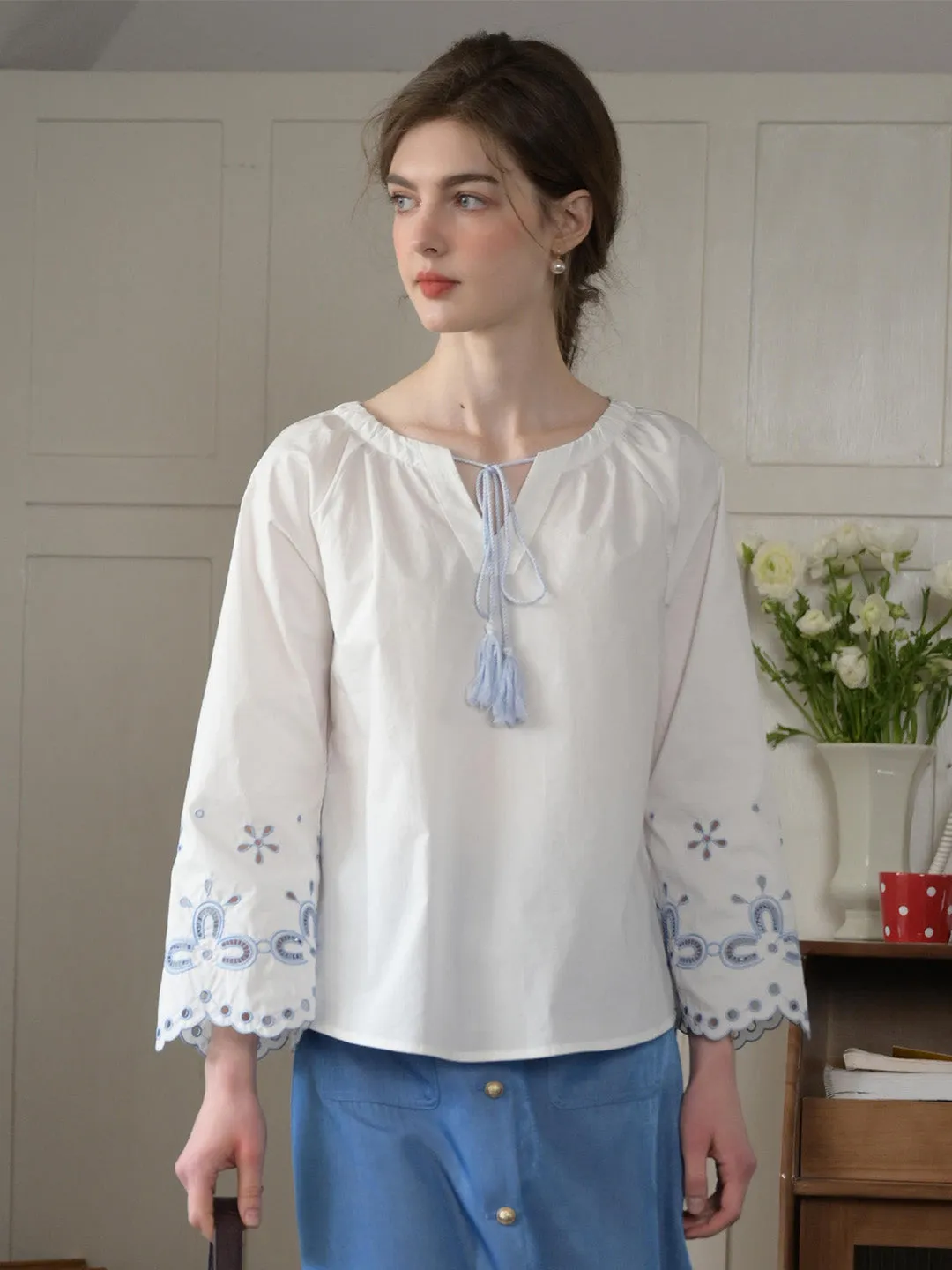 QuickDryTech Regina Fringed Tie Round Neck Hollow Embroidered Blouse