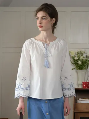 Regina Fringed Tie Round Neck Hollow Embroidered Blouse DualLayer Weave UV protection coating
