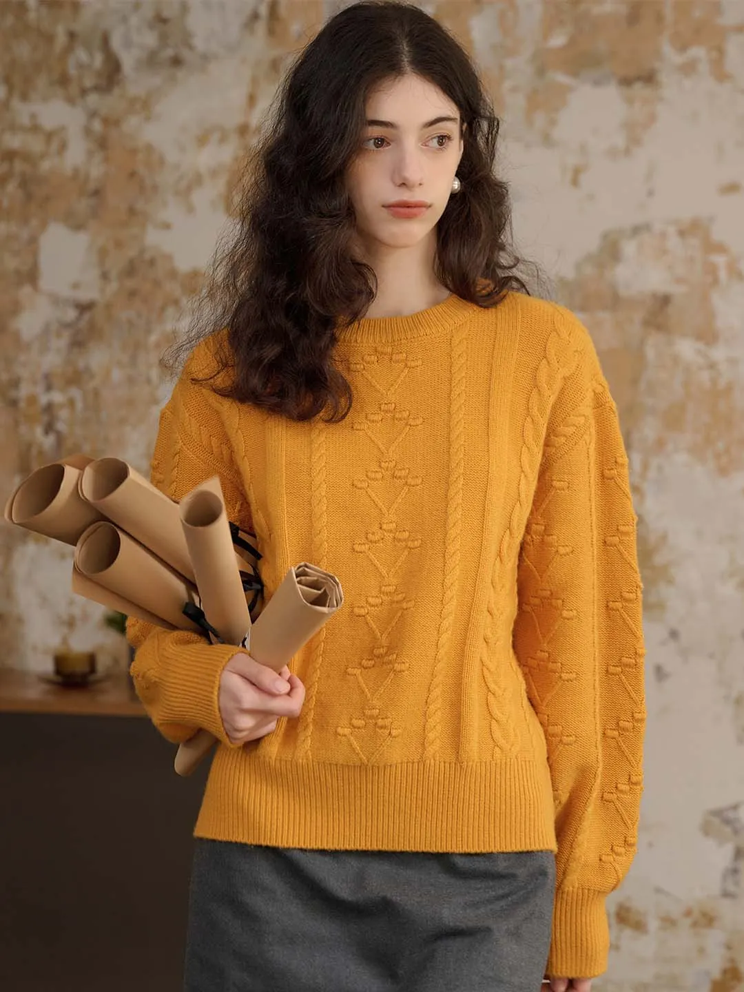 ??Flash Sale??Leah Solid Cable Knit Drop Shoulder Sweater Multi Pocket Configuration Tapered Cut
