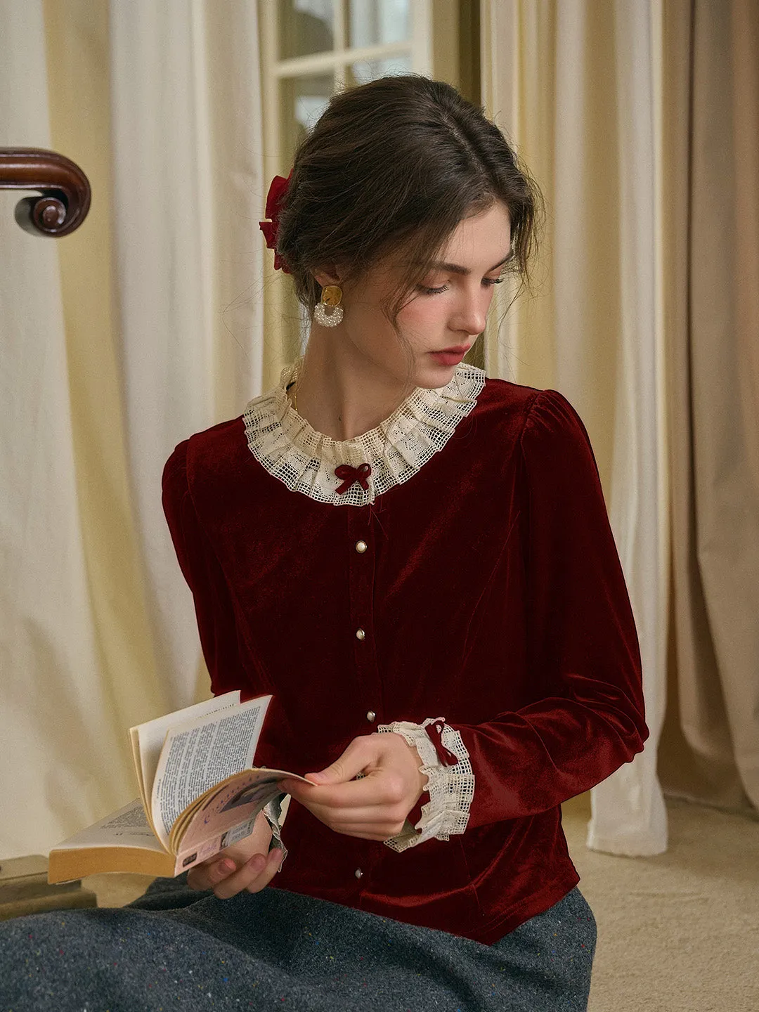 NonChafe Tag Placement Azaria Round Collar Contrasting Lace Panel Bow Velvet Top - Red