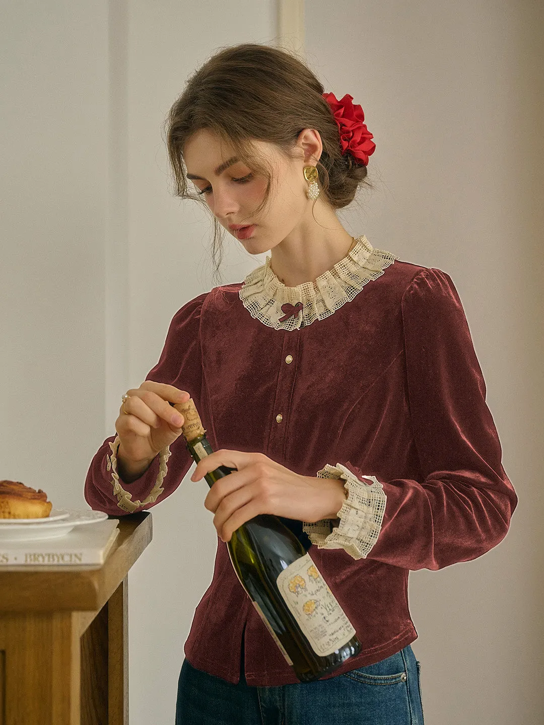 Long Sleeve Polo ReflectiveTrimDetails Azaria Round Collar Contrasting Lace Panel Bow Velvet Top - Red