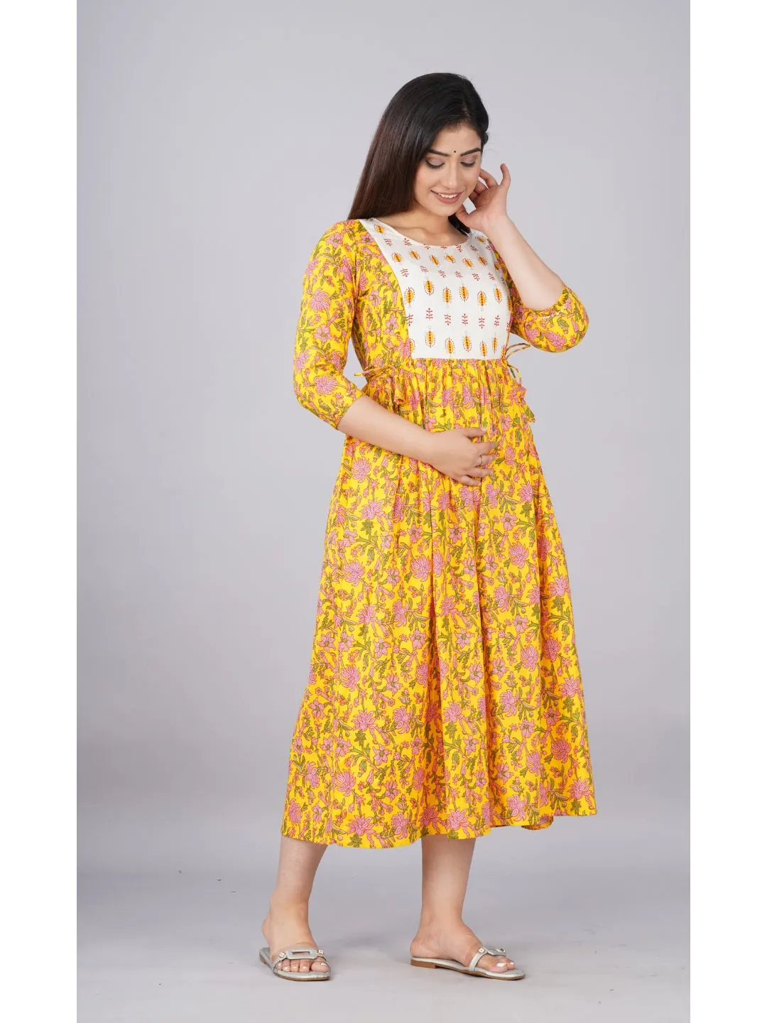 Mustard & White Maternity Baby Feeding Dress