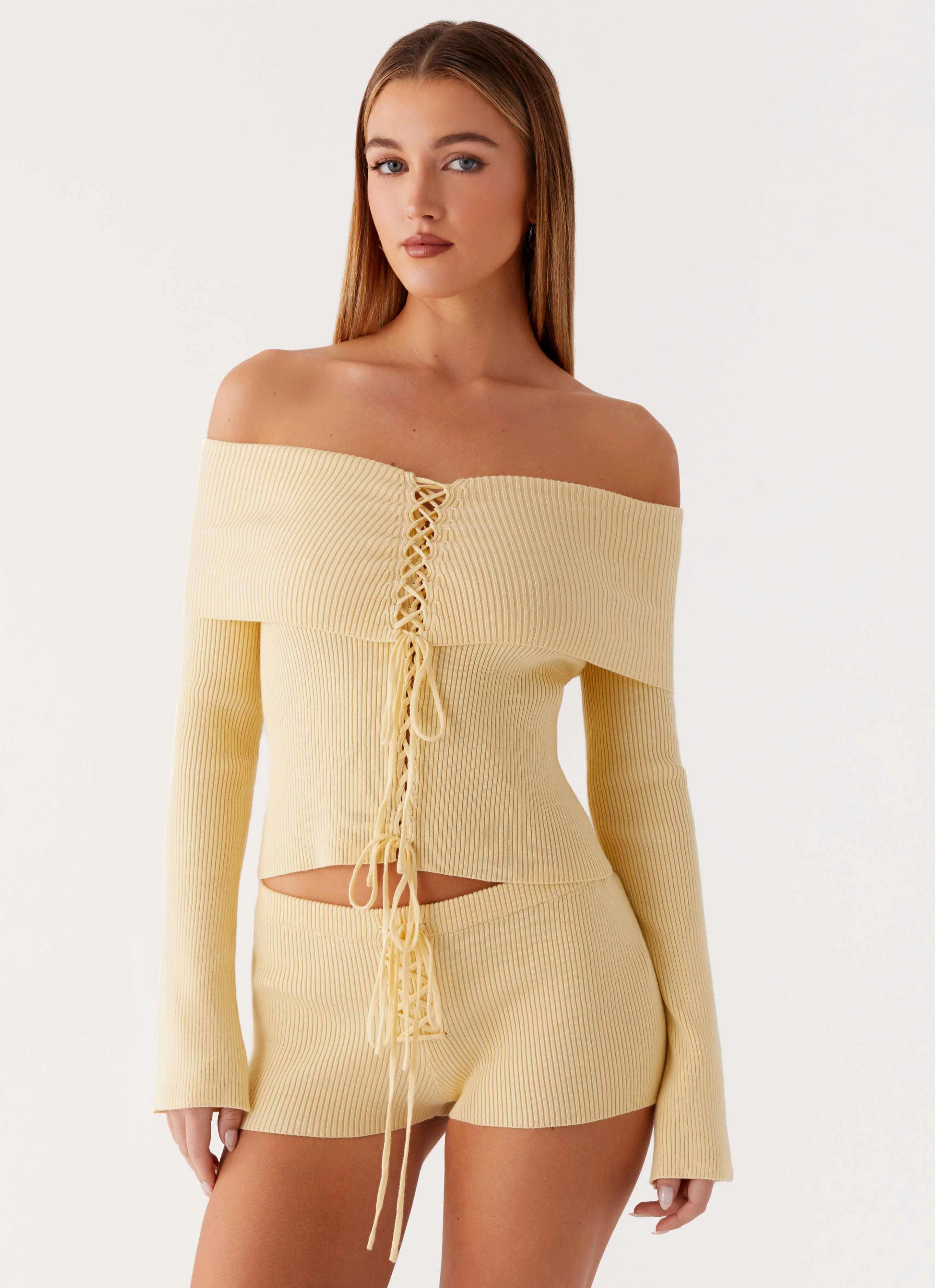 Muted Muse Knit Long Sleeve Top - Yellow Ribbed Hem