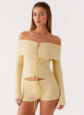 Muted Muse Knit Long Sleeve Top - Yellow Ribbed Hem