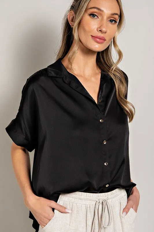 MY WORLD SATIN SHORT SLEEVE TOP - BLACK