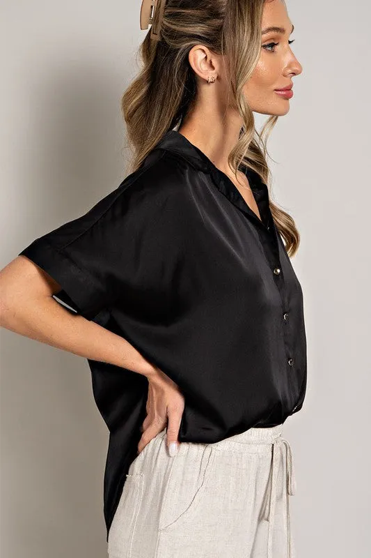MY WORLD SATIN SHORT SLEEVE TOP - BLACK