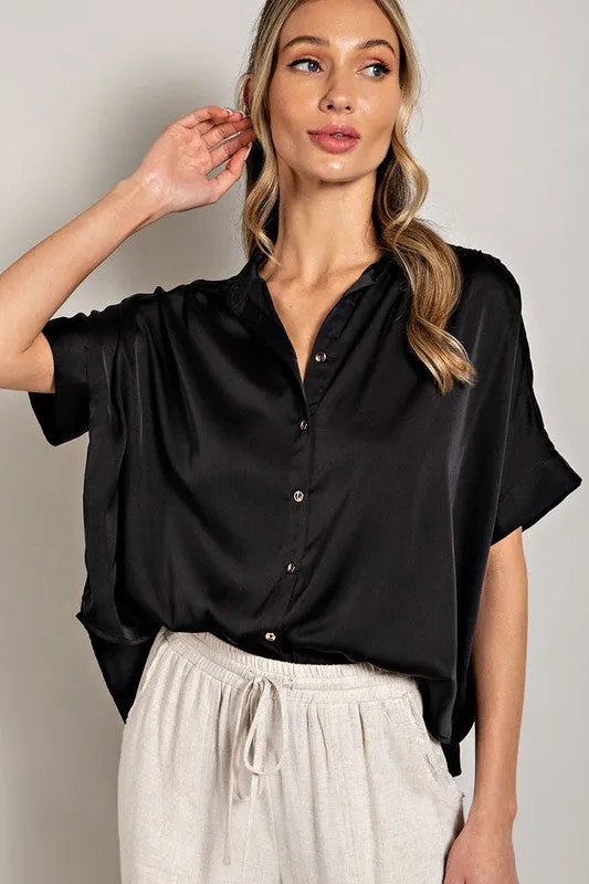 MY WORLD SATIN SHORT SLEEVE TOP - BLACK