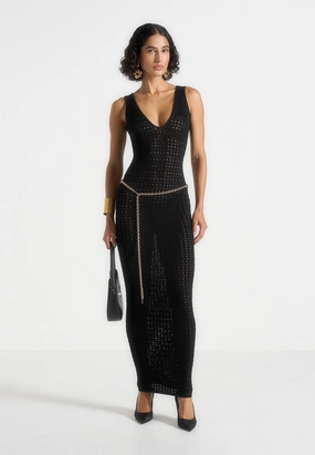 Urban Favorite Romantic Mood Myriam - Pointelle Plunge Midaxi Dress With Chain - Black
