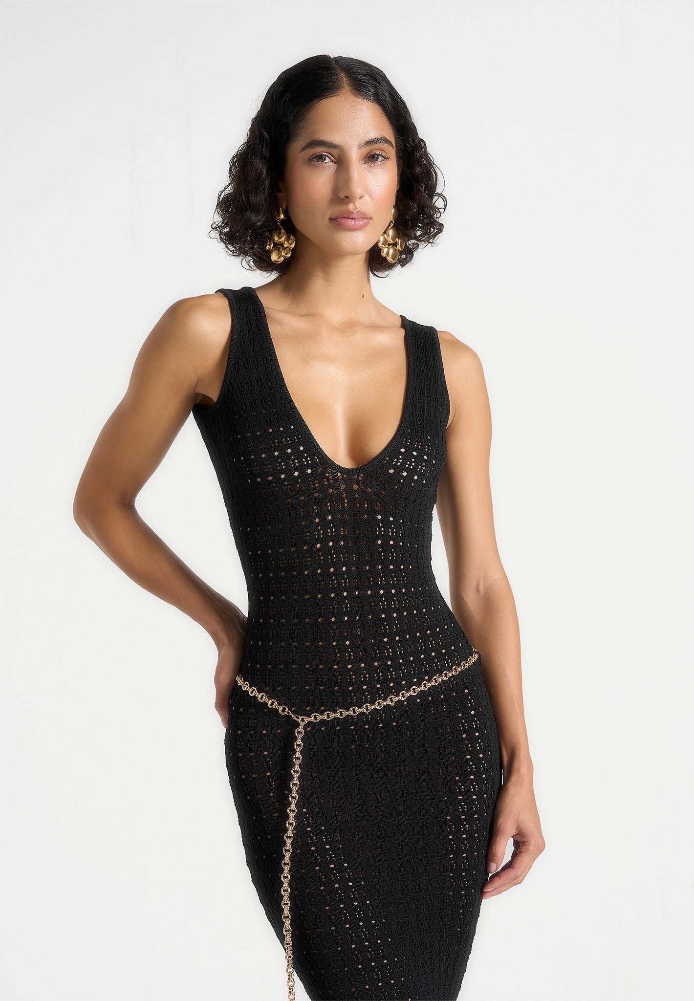 Myriam - Pointelle Plunge Midaxi Dress With Chain - Black Chill Detail Square-Neck