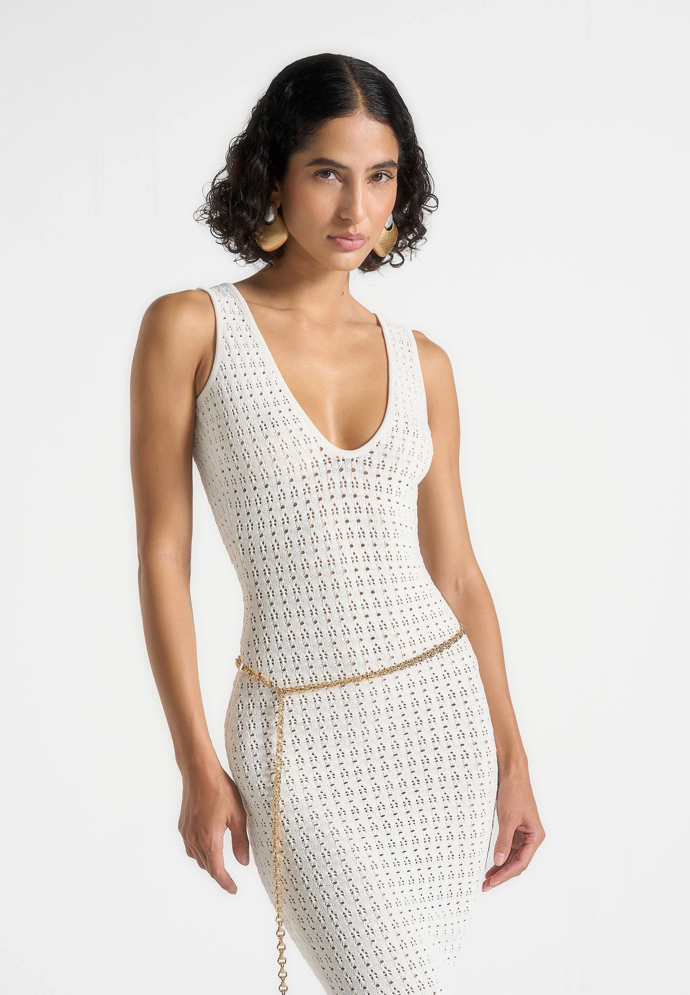 Draped Layer Myriam - Pointelle Plunge Midaxi Dress With Chain - Cream