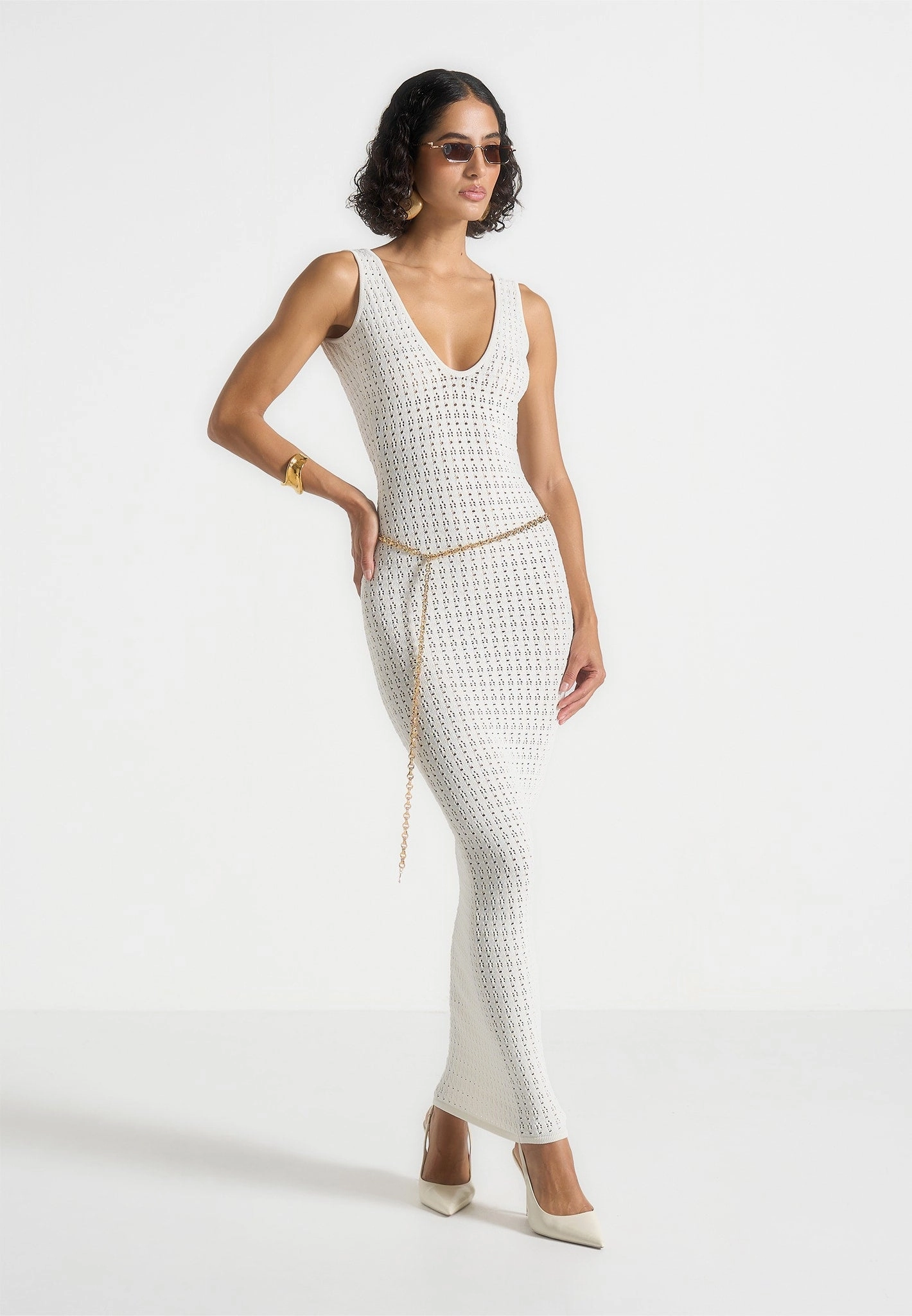 Myriam - Pointelle Plunge Midaxi Dress With Chain - Cream Texture Style Relaxed Vibe