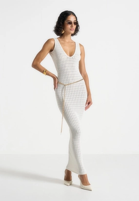 Myriam - Pointelle Plunge Midaxi Dress With Chain - Cream Texture Style Relaxed Vibe
