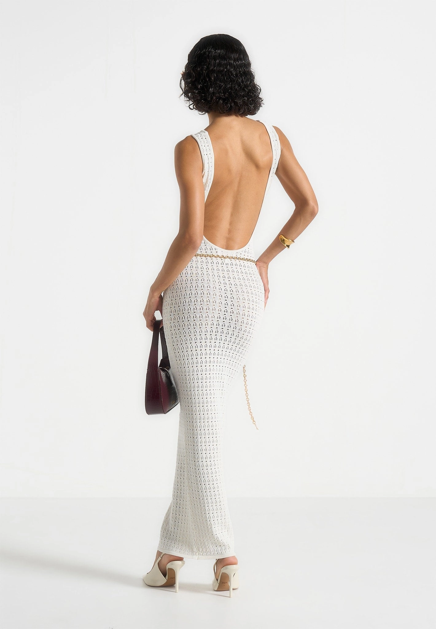 Myriam - Pointelle Plunge Midaxi Dress With Chain - Cream Mid Season