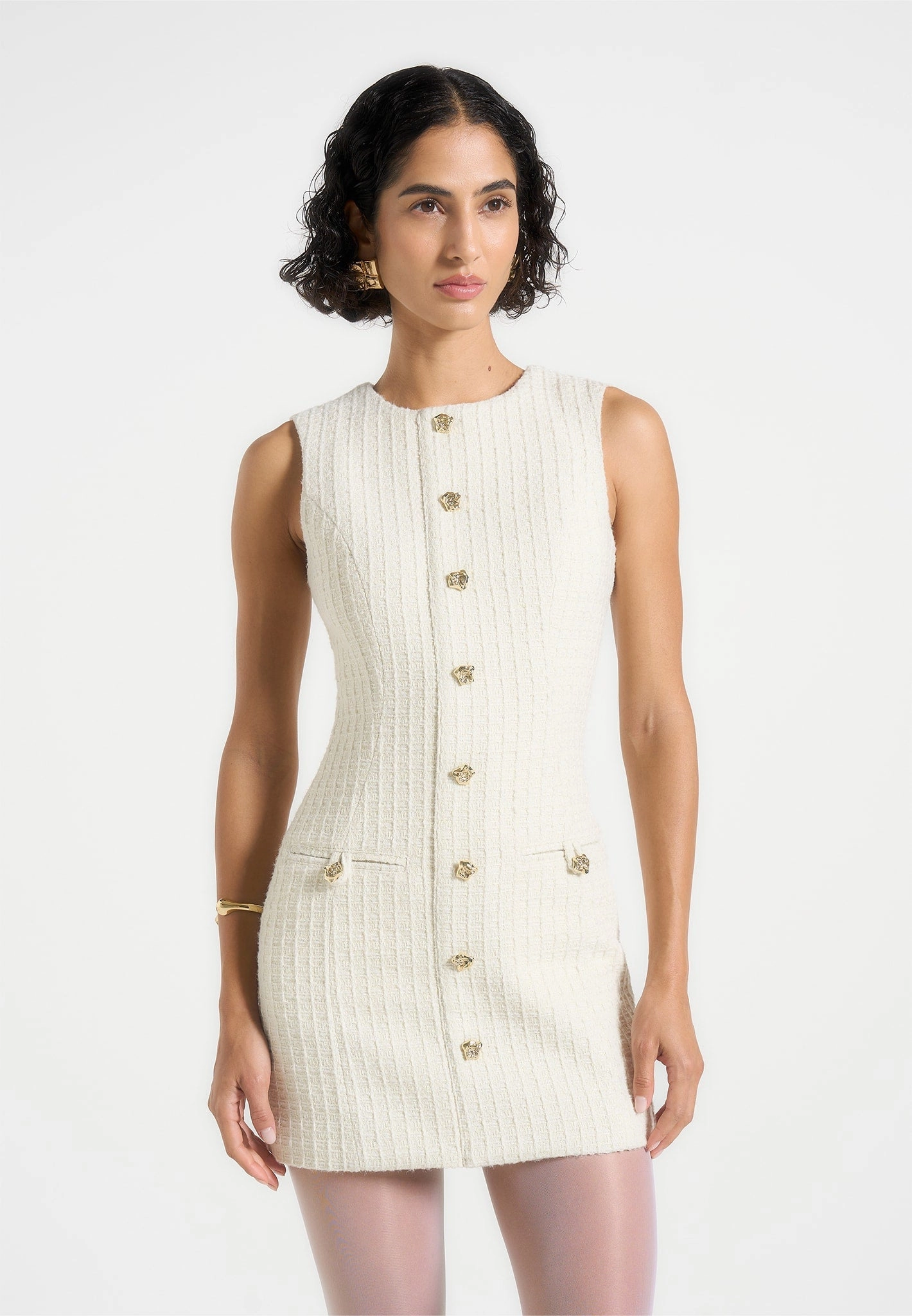 Street Vibe A-Line Nadine - Tweed Mini Dress - Cream