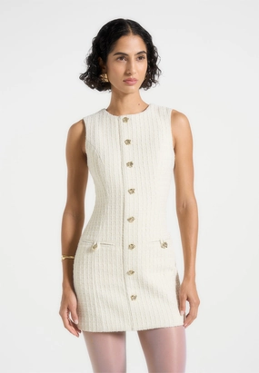 Street Vibe A-Line Nadine - Tweed Mini Dress - Cream