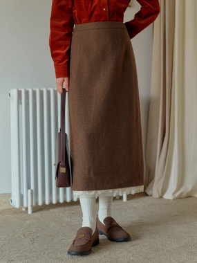 Nala Lace Stitching Brown Pocket Wool Skirt Cozy Movement Tall Length