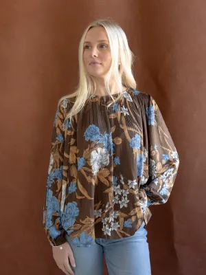 Nancy Pleated Floral Blouse Self Fabric Tie AntiSnagYarnProcessing
