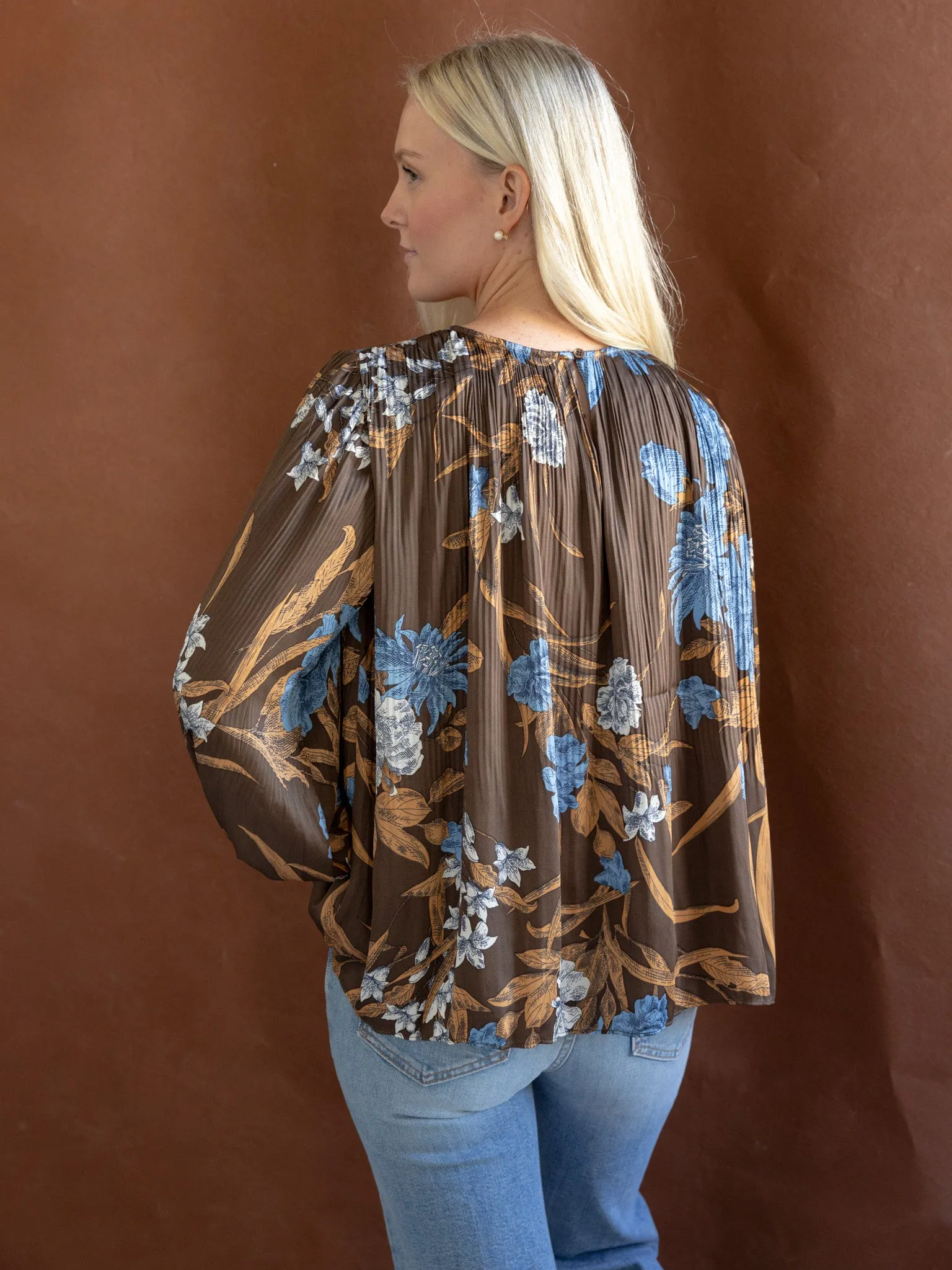 Nancy Pleated Floral Blouse Reinforced Shoulder Seams Reinforced Shoulder Panels