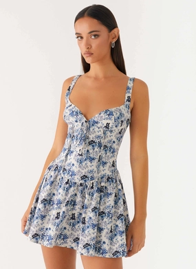 Performance Wear Drawstring closure Nash Bust Mini Dress - Serene Sky Floral