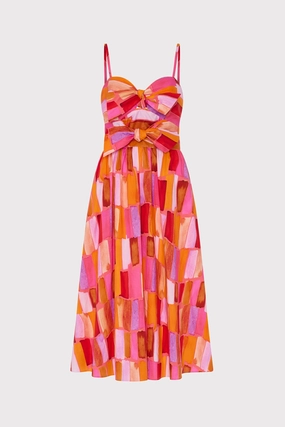 Natasha Sunset Tile Poplin Bow Midi Dress Dew Glow