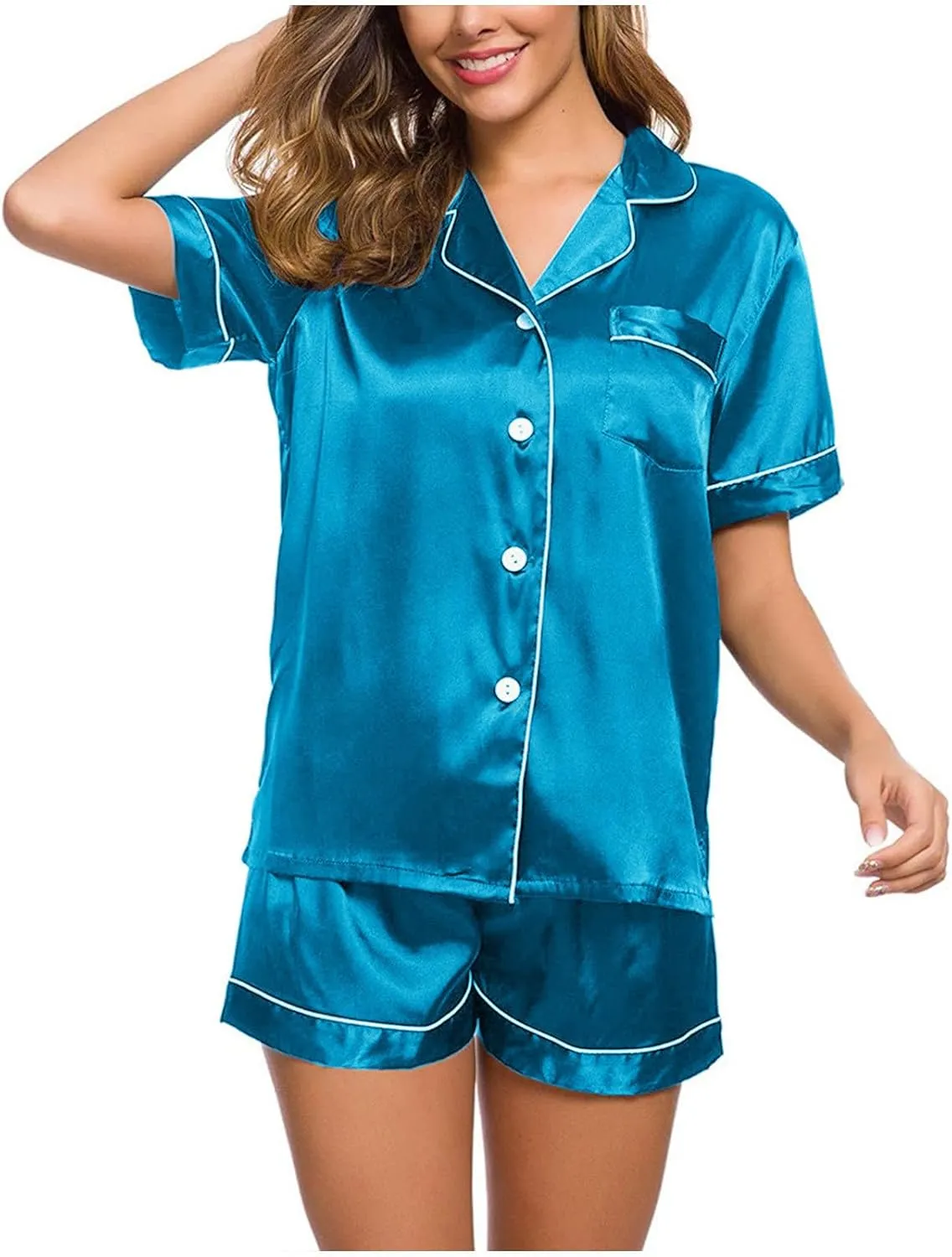 NATHGAM Womens Silk Satin Pajamas Set 2 Piece Outfits Soft Button Down Short Sleeve Sleepwear Shorts Loungewear for Pjs Party