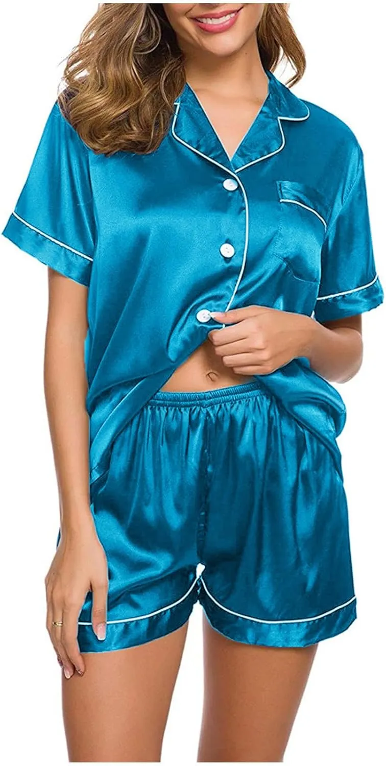 NATHGAM Womens Silk Satin Pajamas Set 2 Piece Outfits Soft Button Down Short Sleeve Sleepwear Shorts Loungewear for Pjs Party