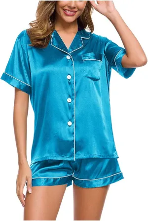 NATHGAM Womens Silk Satin Pajamas Set 2 Piece Outfits Soft Button Down Short Sleeve Sleepwear Shorts Loungewear for Pjs Party