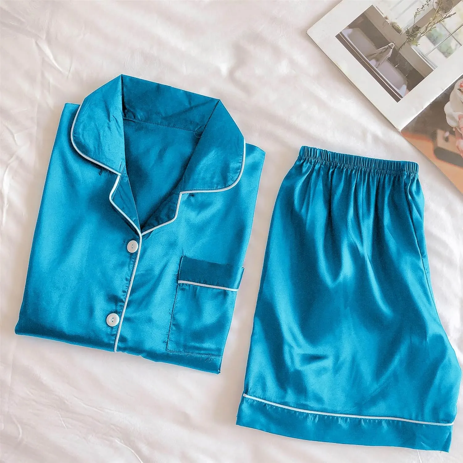 NATHGAM Womens Silk Satin Pajamas Set 2 Piece Outfits Soft Button Down Short Sleeve Sleepwear Shorts Loungewear for Pjs Party