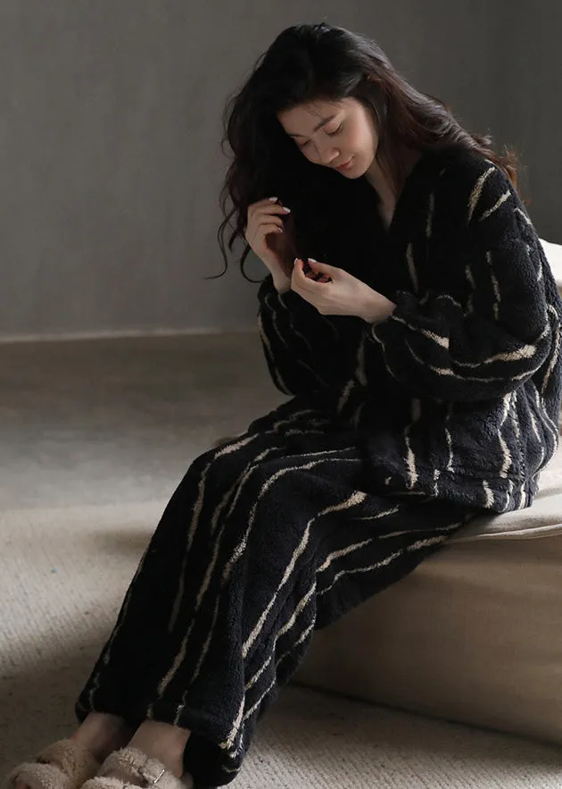 Natural Black Striped Button Velour Pajamas Two Pieces Set Long Sleeve LY1906