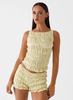 Girls Like Us Ruched Mini Shorts - Yellow Reflective accents