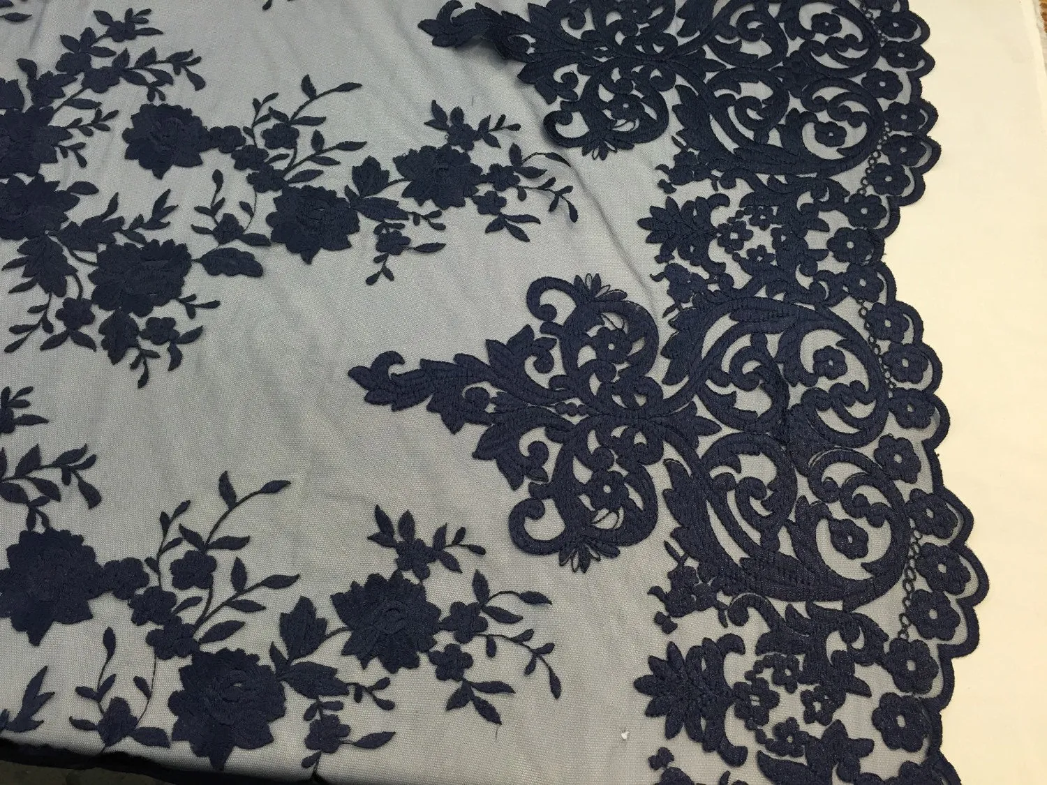 Navy blue flowers embroider on a 2 way stretch mesh lace. Wedding/Bridal/Prom/Nightgown fabric. Sold by the yard.