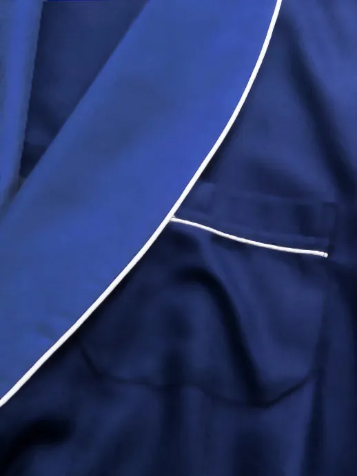 Navy Silky Satin Robe with Contrasting Blue Shawl Collar