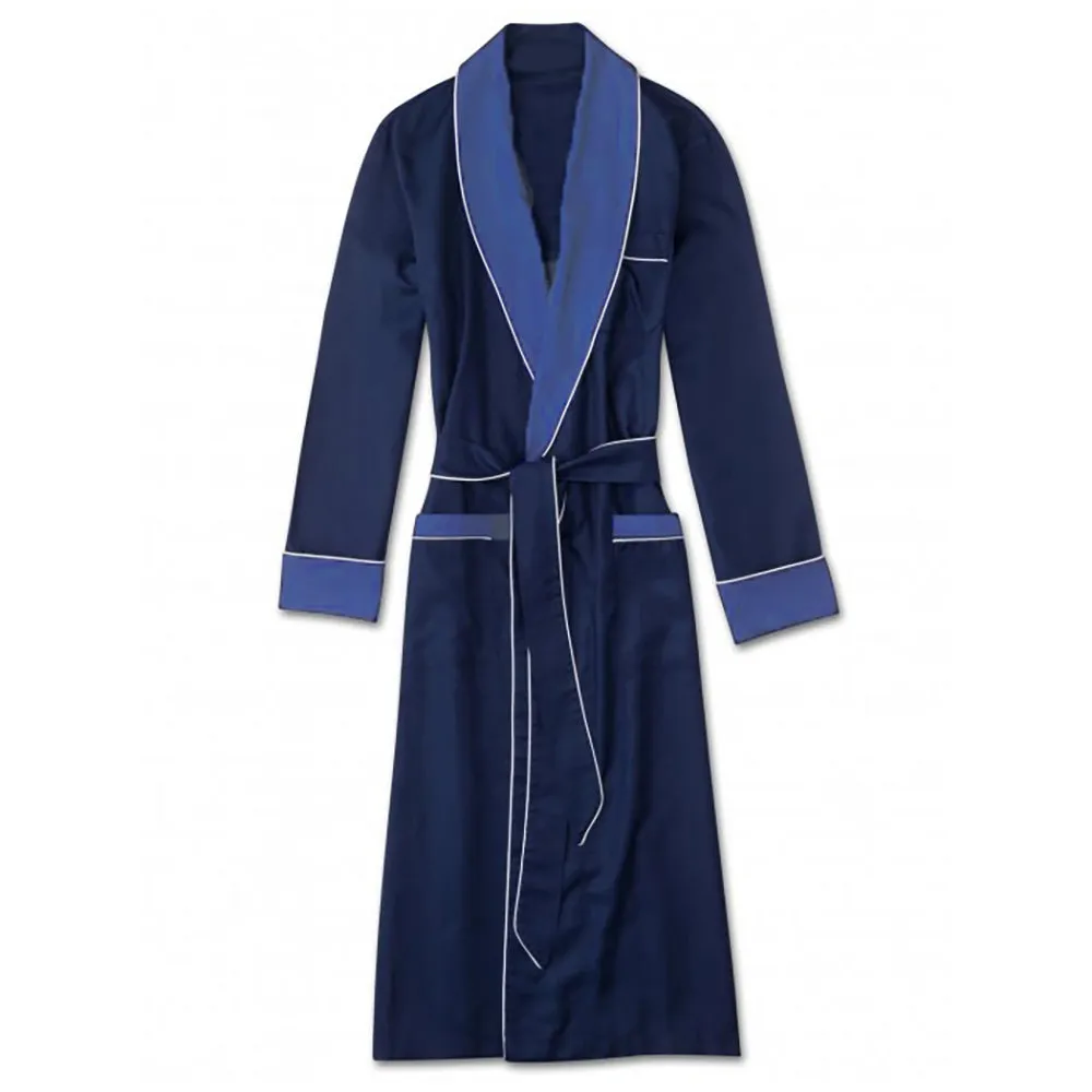 Navy Silky Satin Robe with Contrasting Blue Shawl Collar