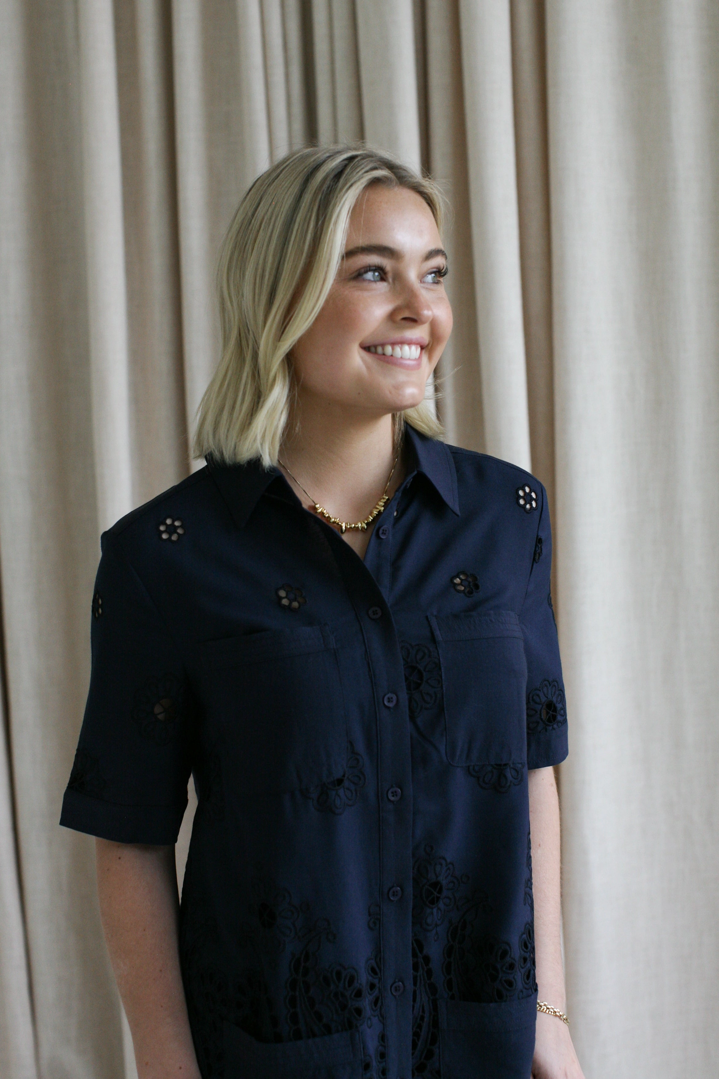 Navy Eyelet Shift Dress and Effortless fit dress.
