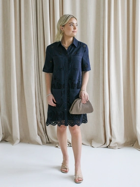Embroidered Fabric Chic Waistband Design Navy Eyelet Shift Dress