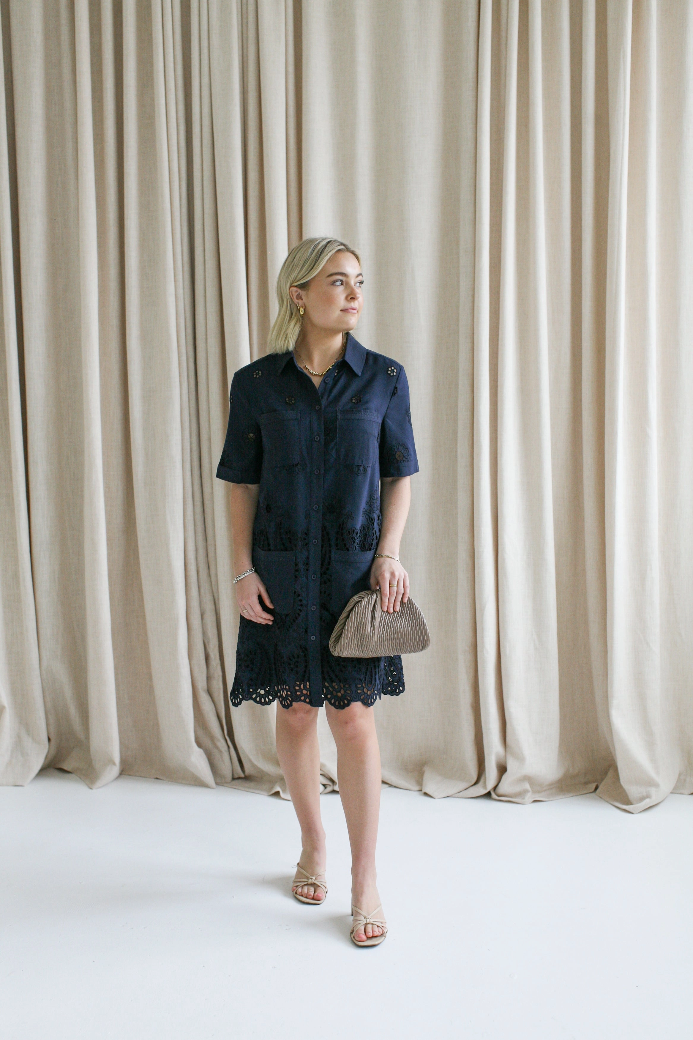 Navy Eyelet Shift Dress Sleek long-sleeve dress Clean Outline