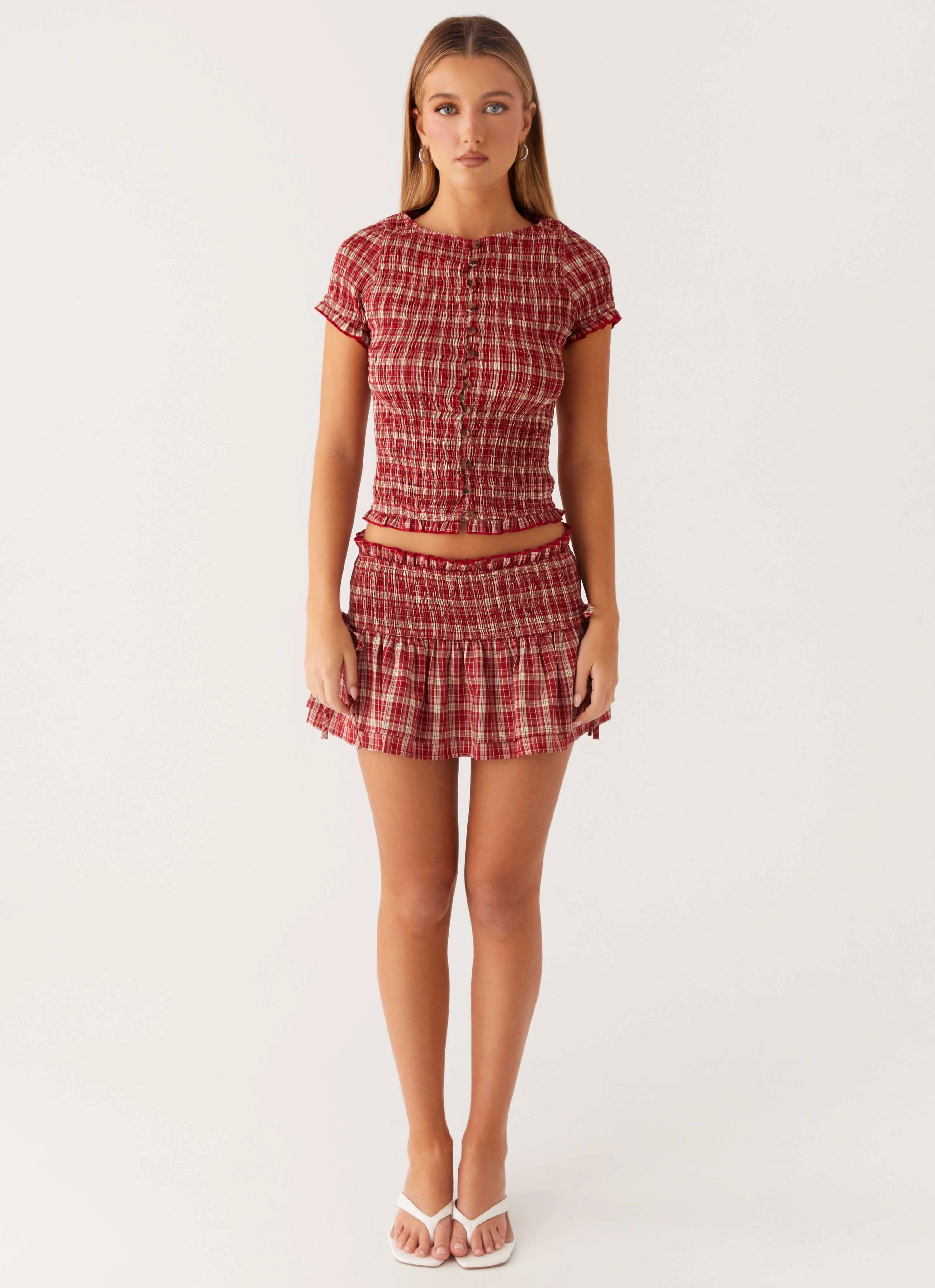 Unique Feature Laser Cut Edges Lenore Mini Skirt - Ruby Check