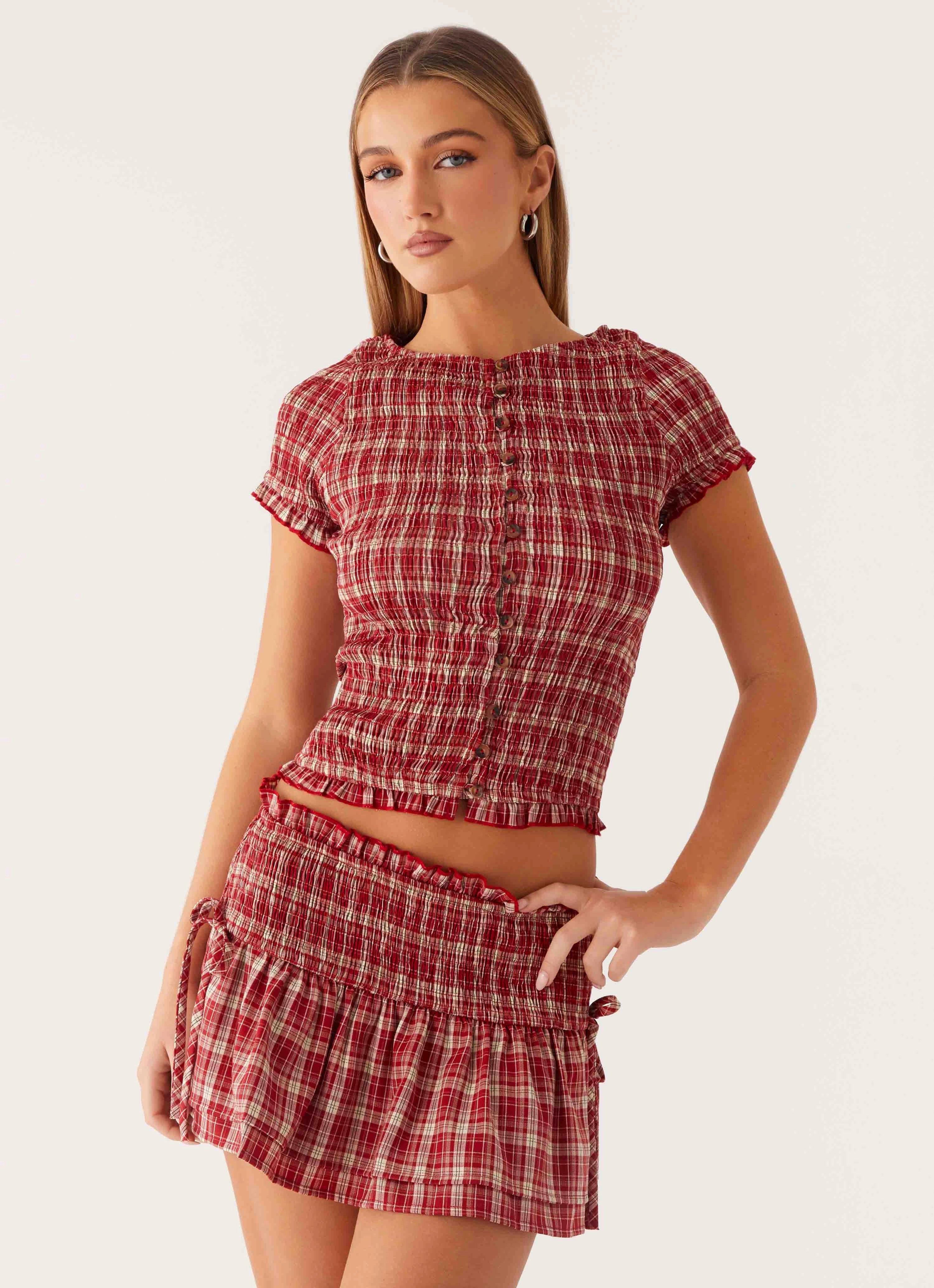 Lenore Mini Skirt - Ruby Check Performance Outfit Elegant Feel