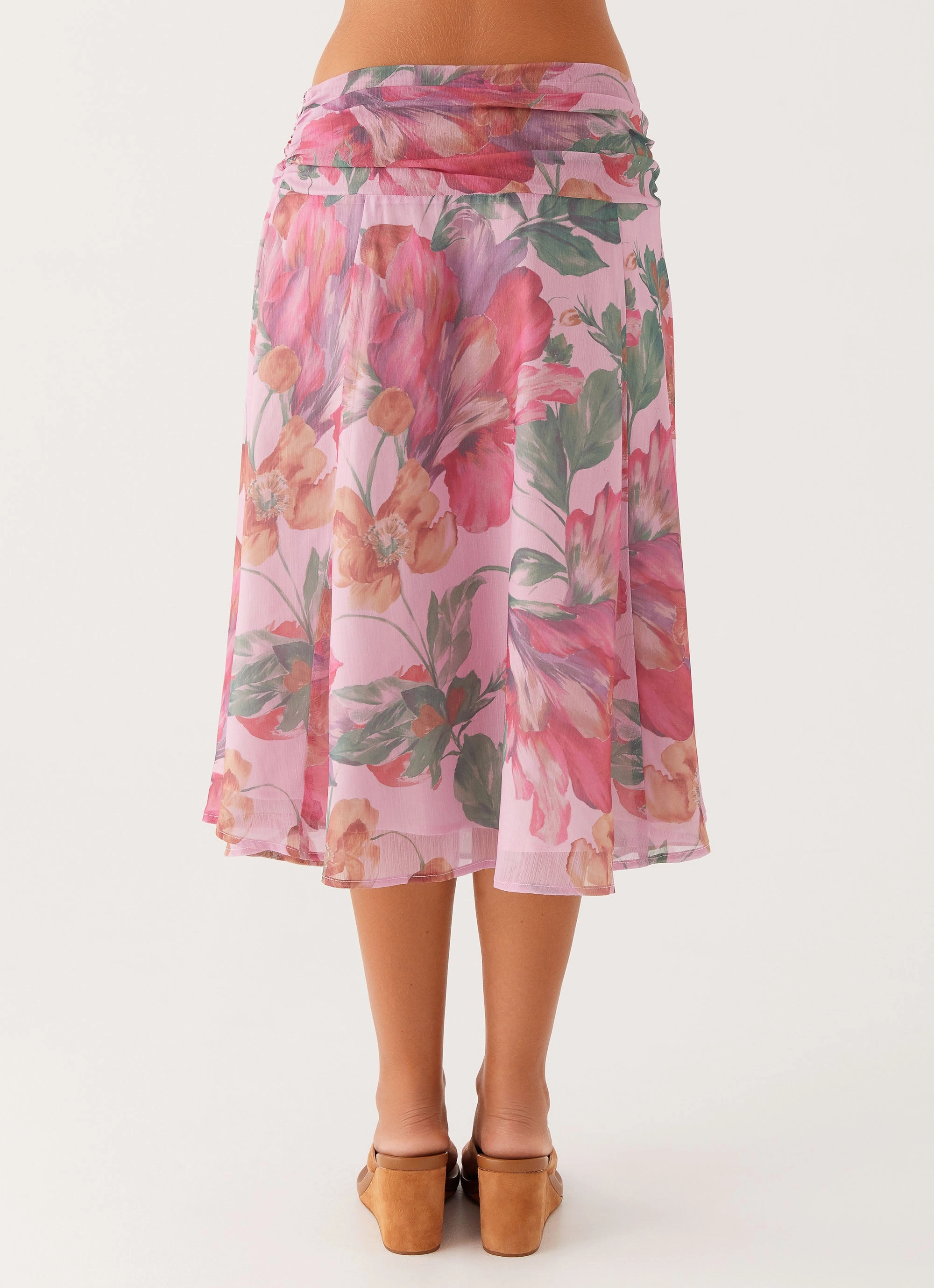 Tonal Layering Fresh Energy Valley Midi Skirt - Pink Floral