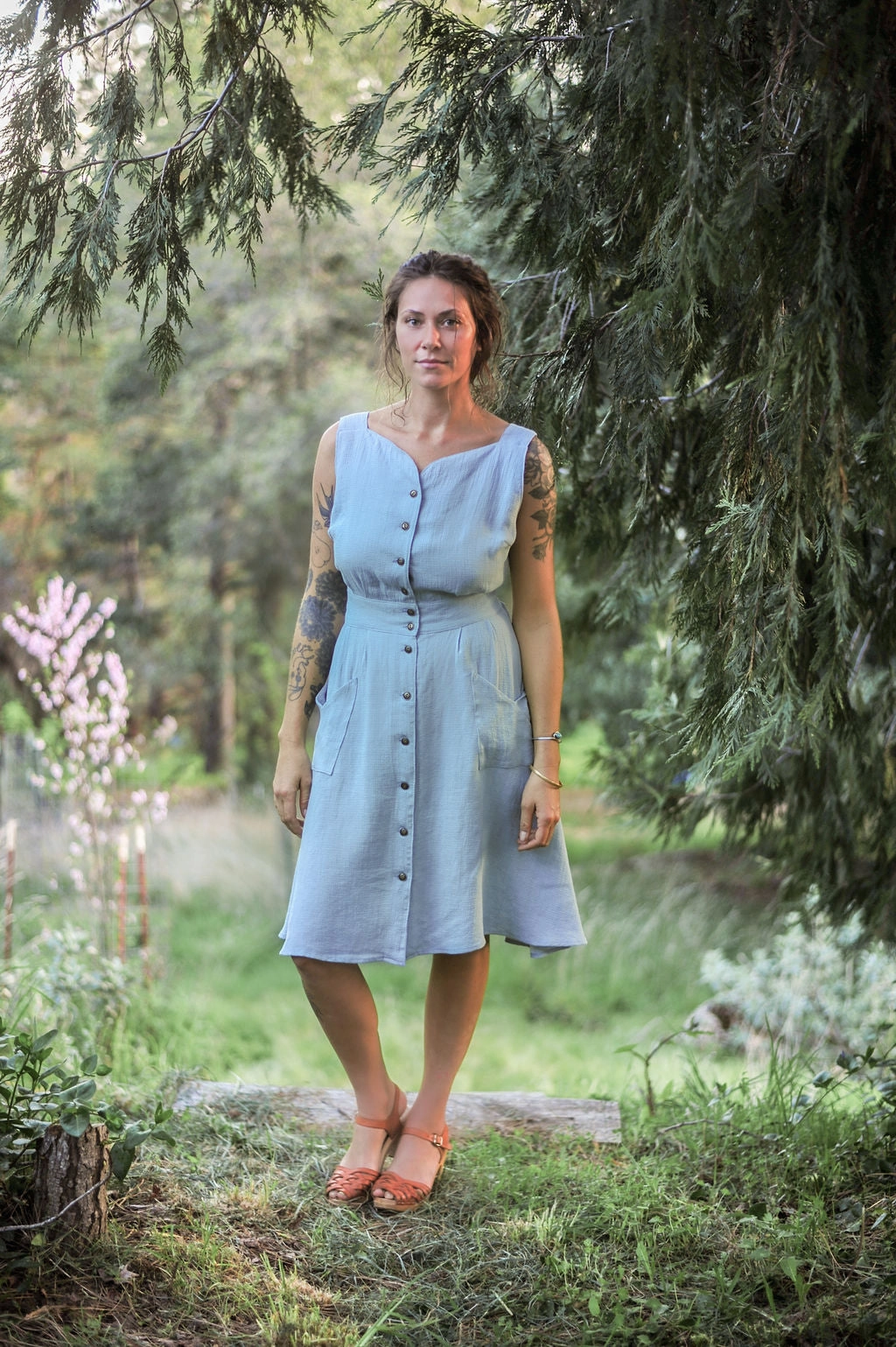 Sheet Dress in BB Blue Texture Cotton Contrasting Detail