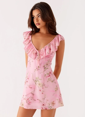 Pleated design Winter Layering Adrina Ruffle Mini Dress - Pink Floral Print