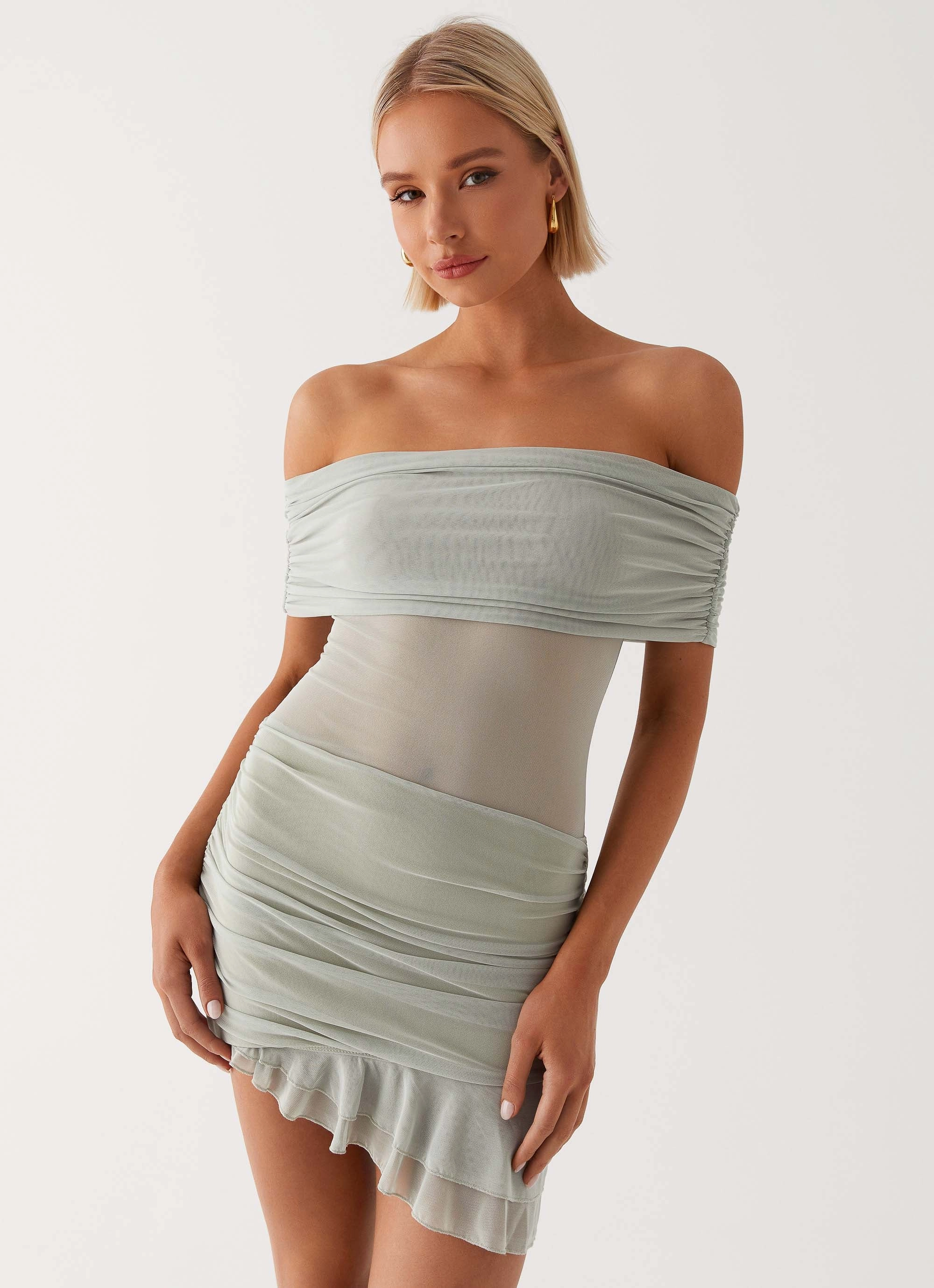 Nelly Off Shoulder Mini Dress - Pistachio Basic Layers Flowy Drape