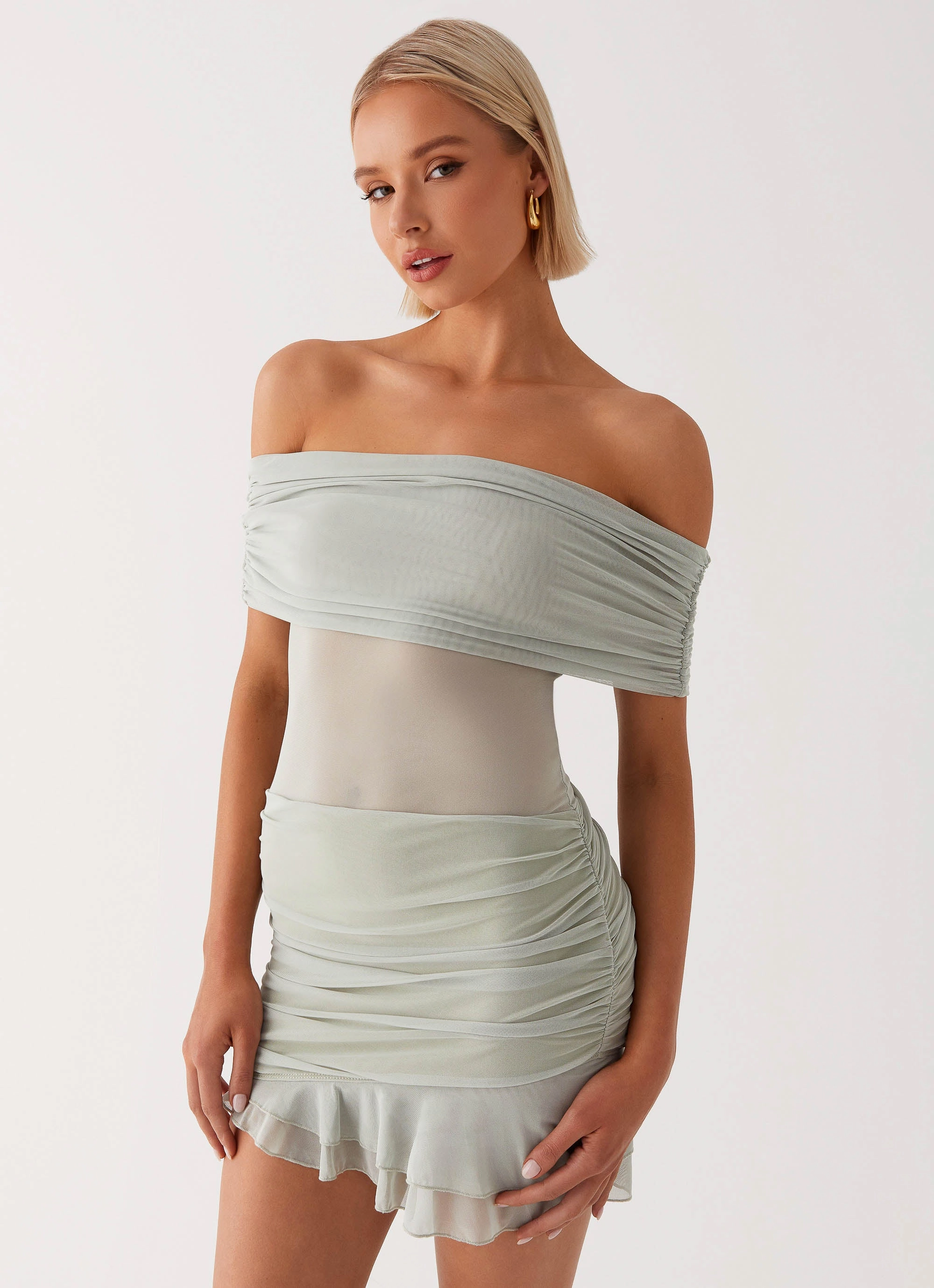 Fashion Tones Breathable fabric Nelly Off Shoulder Mini Dress - Pistachio