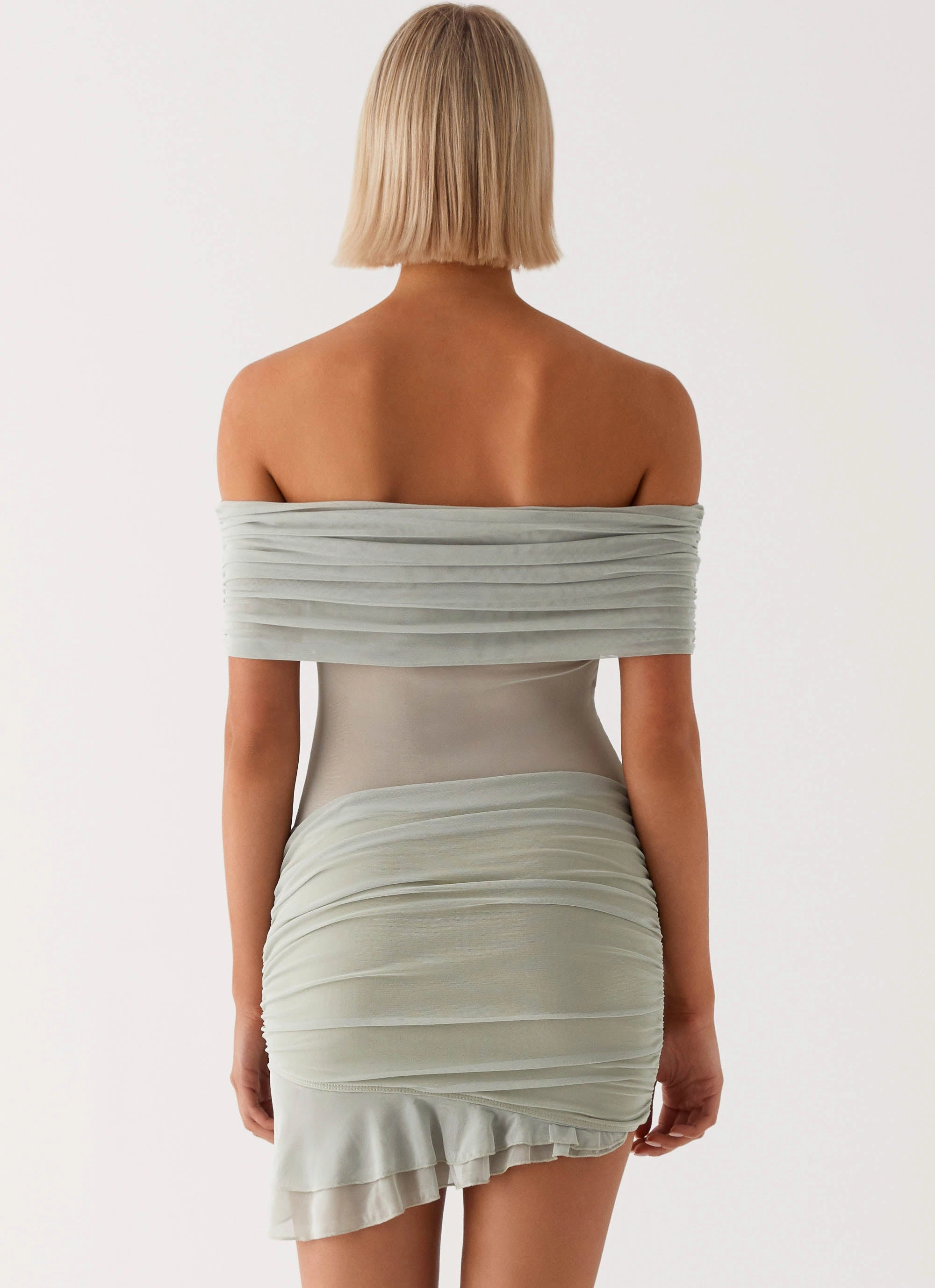 Nelly Off Shoulder Mini Dress - Pistachio Embossed Detail Clean Style