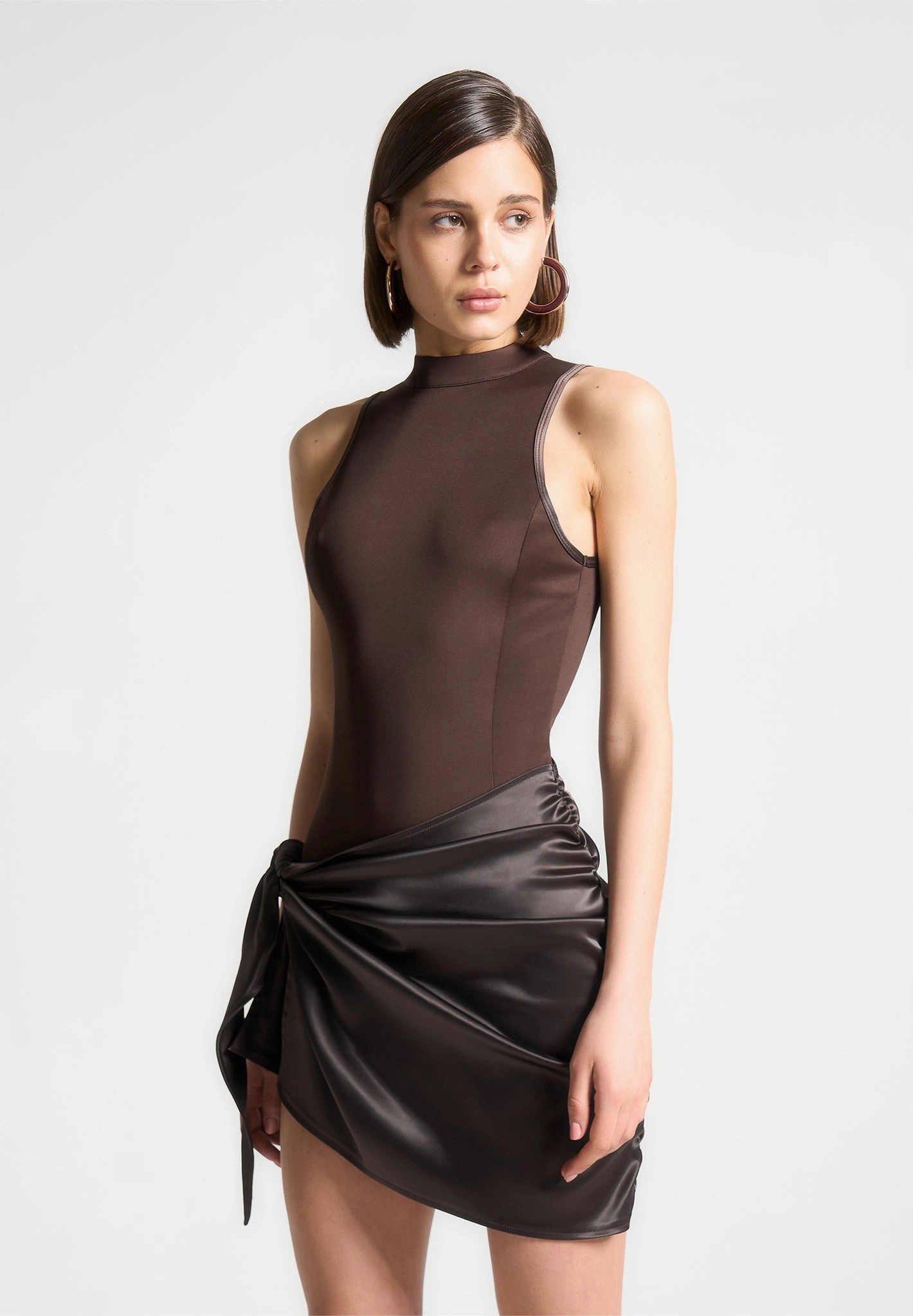 Neoprene & Satin Wrap Bodycon Dress - Brown WaterRepellentCoating